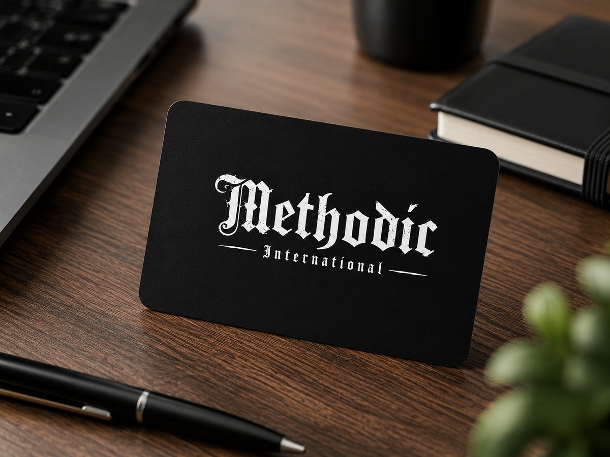 Methodic International brand card on a desk, representing the company's identity and story