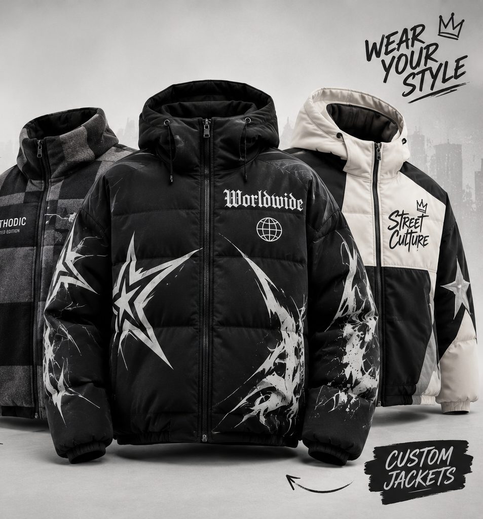 Custom jackets manufactured by Methodic International, streetwear and puffer styles