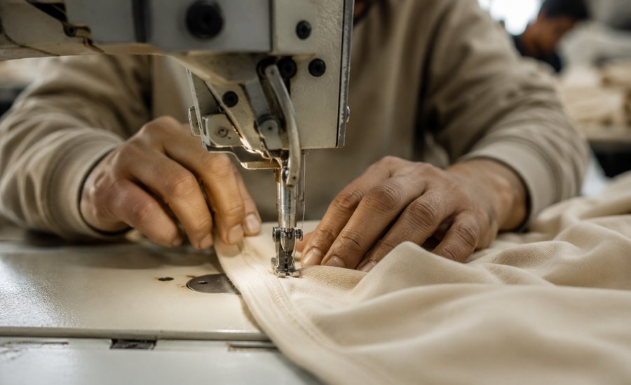 Close-up of cut and sew manufacturing in progress on a custom garment