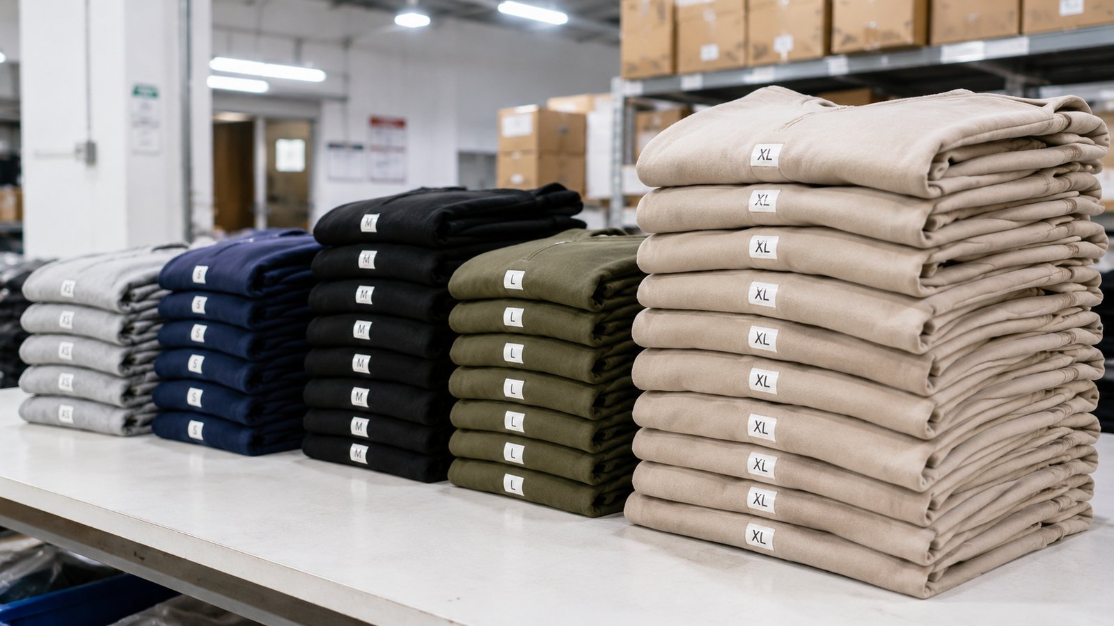 Folded garments organized by size, from small-batch to bulk production runs