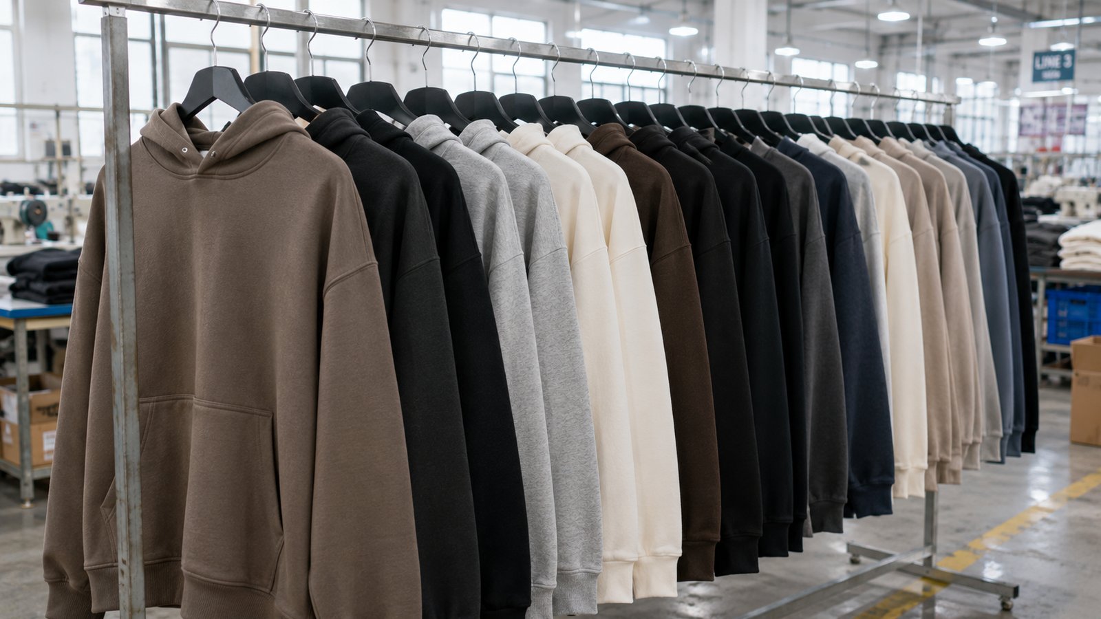 Rack of finished custom streetwear hoodies in multiple colorways